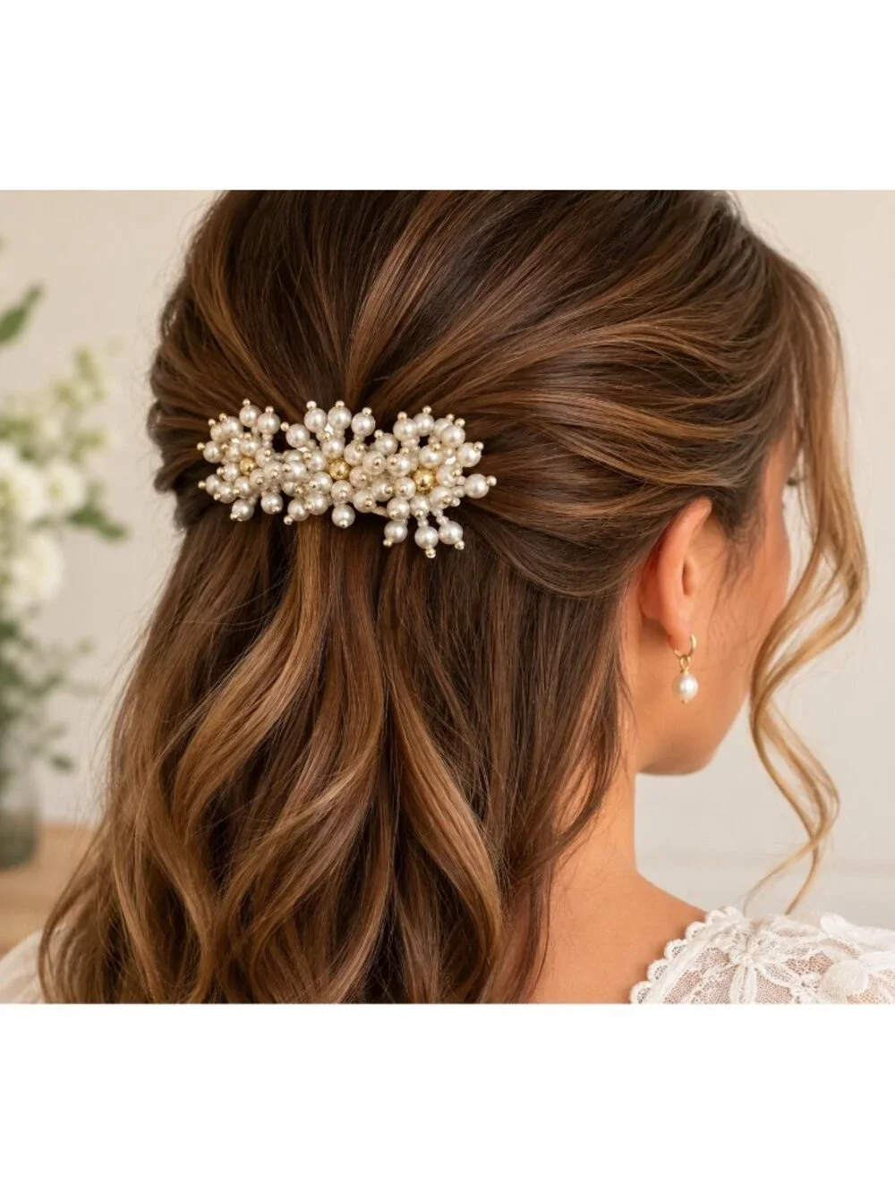 Vintage Faux Pearl Beaded Floral Hair Barrette White Gold Tone Bridal Cottagecor